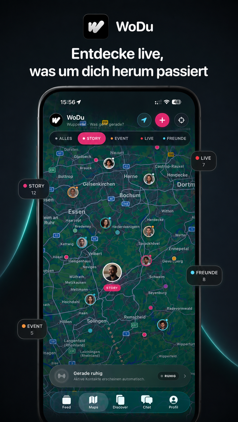 WoDu Karte mit Stories, Events, Live und Freunden
